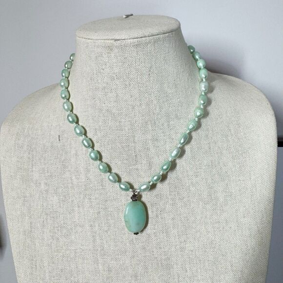 Green Nugget Baroque Pearl Necklace With Amazonite Pendant Sterling Silver 18” - Picture 15 of 15